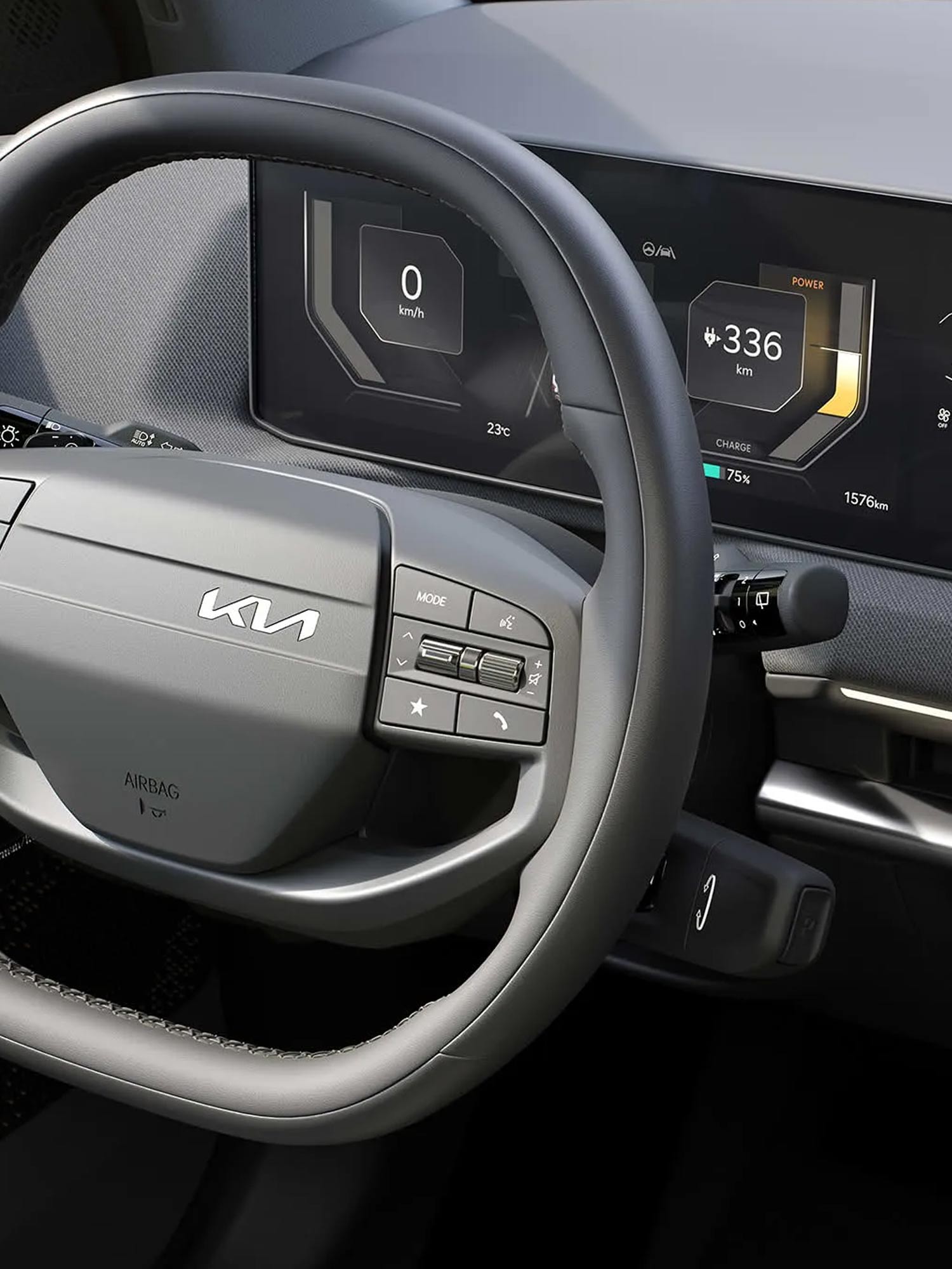 Das Bild zeigt das Lenkrad des EV2