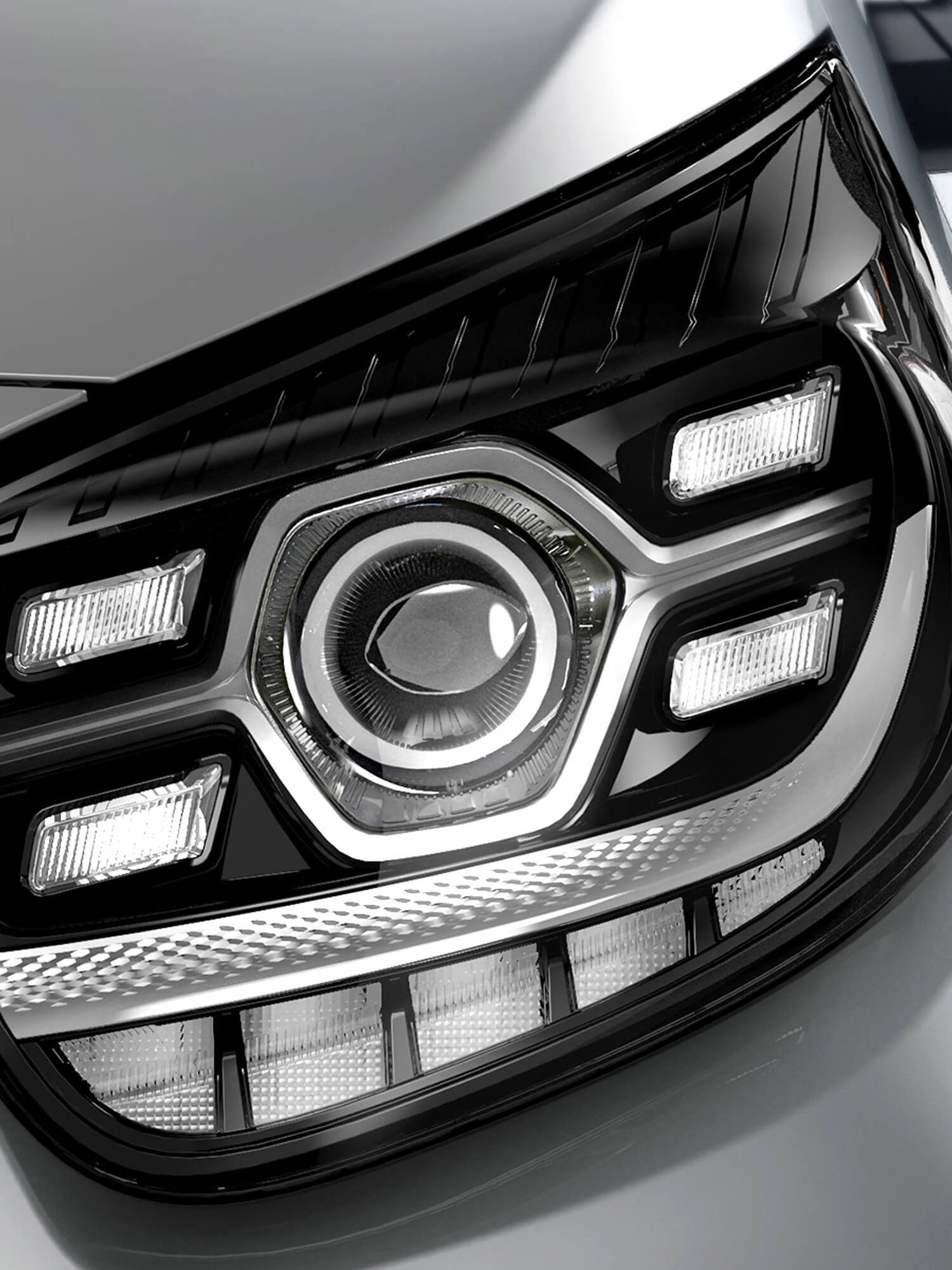 Das Foto zeigt eine Nahaufnahme des Frontscheinwerfers.